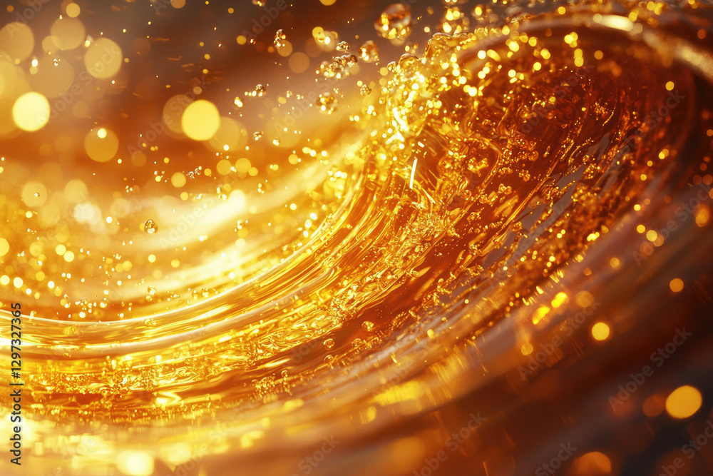 Poster golden liquid swirls with glistening bubbles and bokeh lights creating a luxurious, vibrant image.