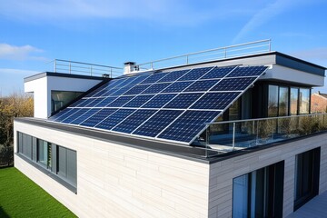 Solar panels harnessing energy on a modern house roof in bright daylight