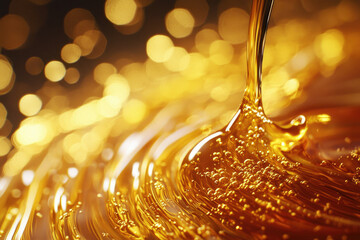 Golden liquid pouring, creating swirling patterns with air bubbles against a bokeh background.