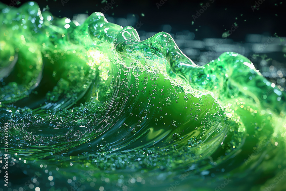 Poster a vibrant green liquid wave with bubbles, a mesmerizing close-up showcasing its texture and fluidity