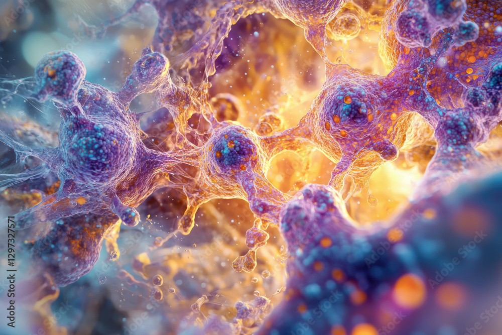 Poster microscopic view of interconnected cells, vibrant colors, intricate network, cellular structures.