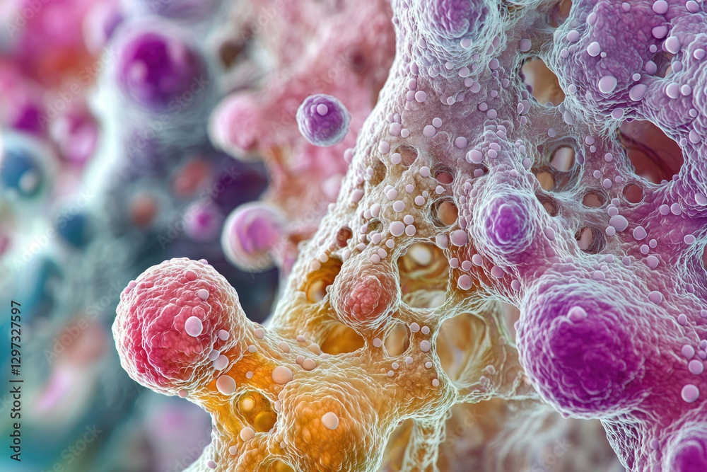 Poster microscopic view of vibrant, interconnected cells, possibly depicting a complex biological structure