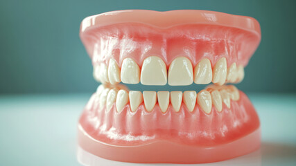Obraz premium Close-Up of Realistic Denture with White Teeth on Blue Background