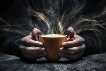 Hands trembling while holding a warm coffee cup in a cozy setting