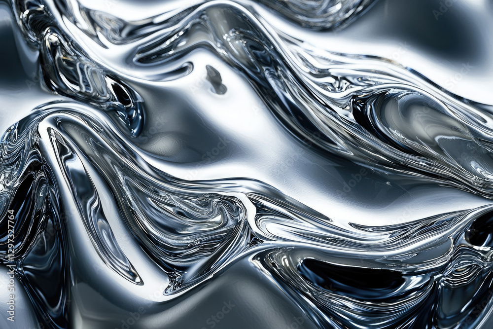 Poster abstract image of flowing, metallic liquid, gleaming with reflective surfaces and dynamic waves.