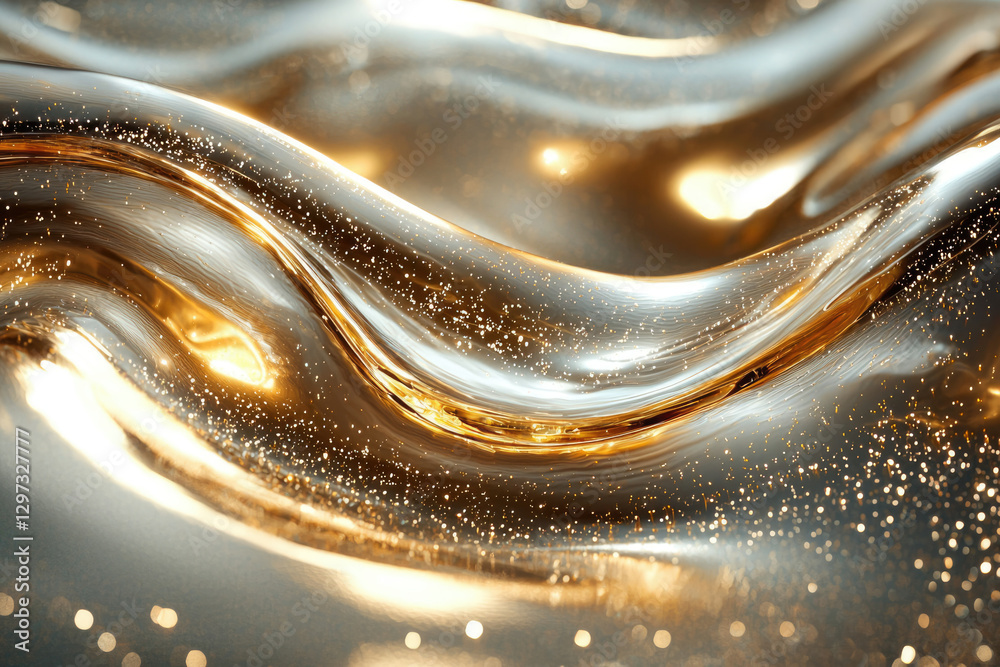 Poster Abstract image of flowing golden liquid with shimmering particles, creating a luxurious and elegant visual.