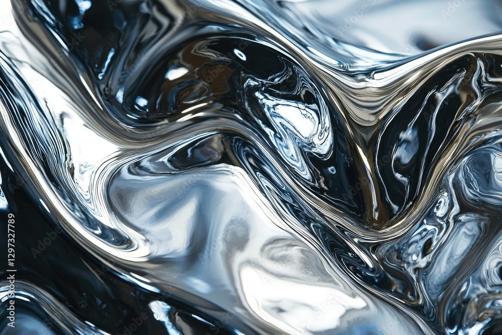 Poster abstract image of swirling, reflective liquid, showcasing metallic hues and fluid dynamics.