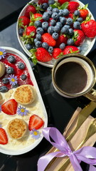 Morning healthy breakfast with aromatic black coffee.