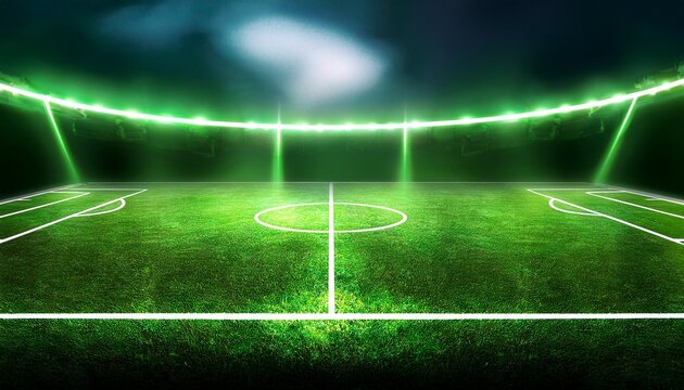"Futuristic Soccer Field with Glowing Green Neon Lights – 3D Digital Illustration" - Powered by Adobe
