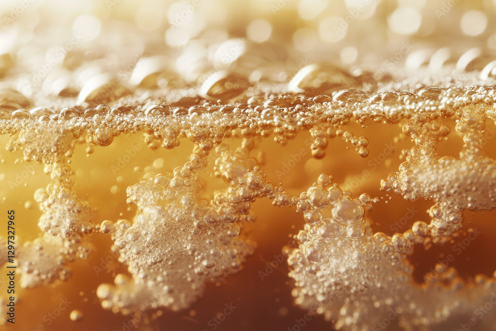 Poster Close-up of carbonated amber liquid with numerous bubbles, creating a fizzy texture.