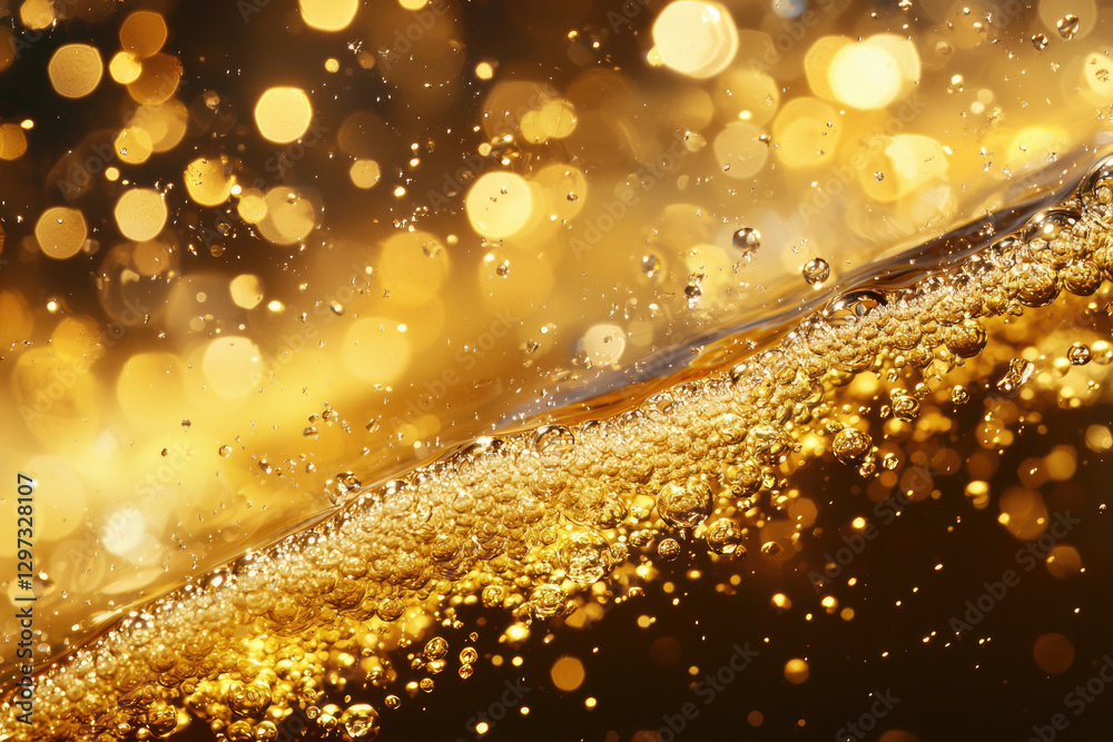 Poster golden liquid with bubbles and bokeh lights, sparkling and luxurious.
