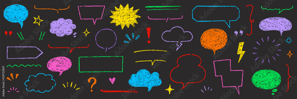 Aufkleber text frame hand drawn crayon speech bubble set. crayon chalk pencil background talk speech bubble fr