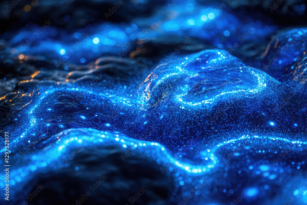 Poster abstract blue glowing texture, resembling a bioluminescent ocean wave with sparkling particles.