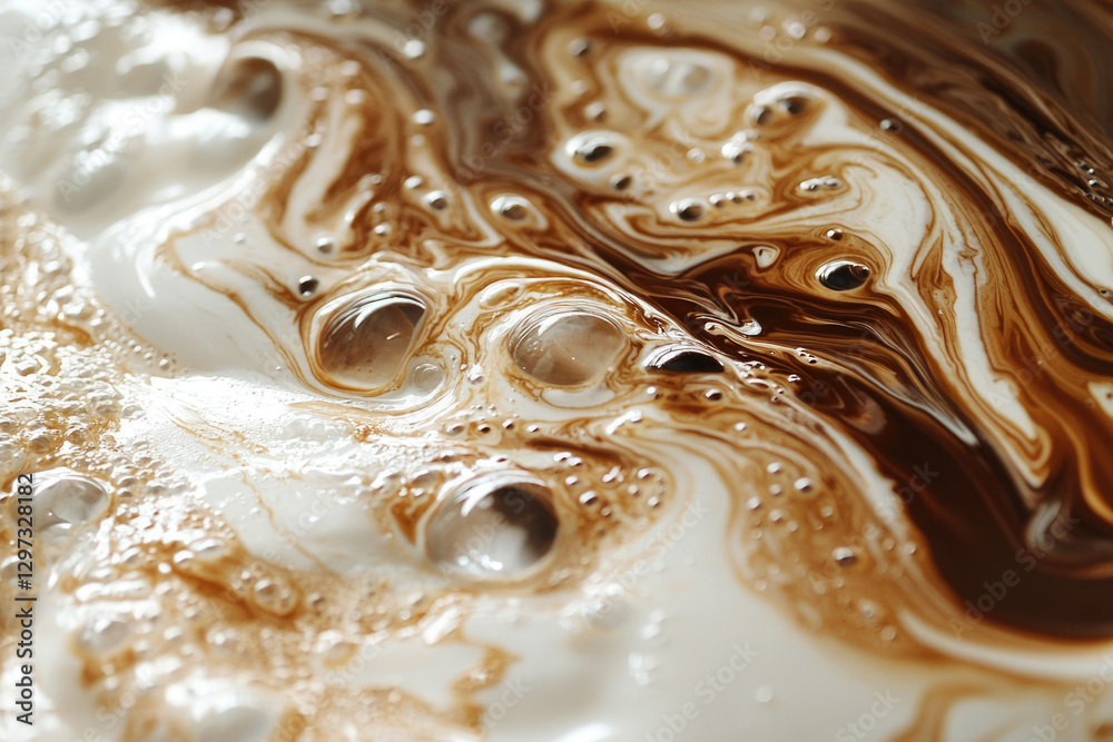 Poster abstract swirls of creamy white and rich brown liquids intermingle, creating a mesmerizing texture.