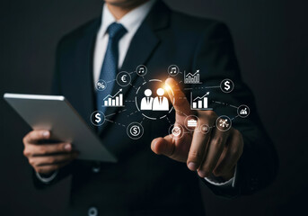 Businessman managing virtual human resources with digital interface