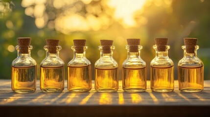 Seven amber glass bottles with cork stoppers filled with golden liquid, on a wooden surface at sunset.