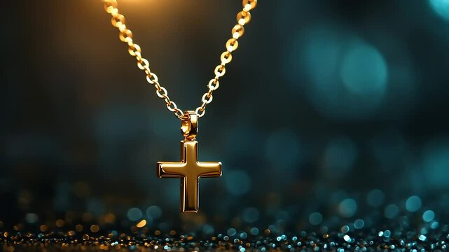 Close-up of a shimmering gold cross necklace against a blurred, sparkling background