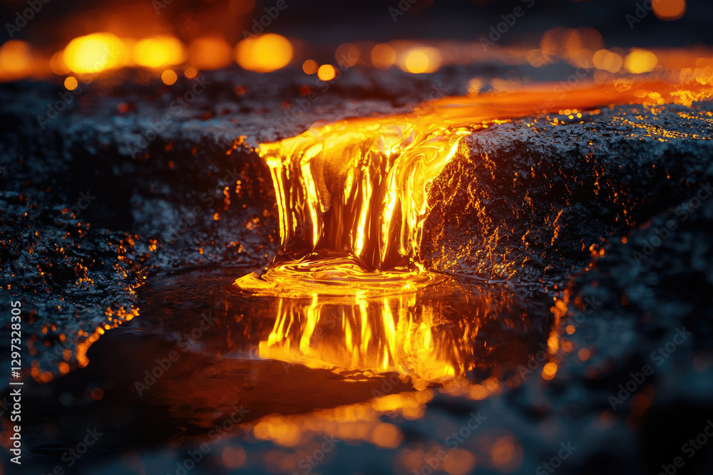 Poster glowing molten liquid cascades over dark rocks, creating a fiery reflection in a still pool below.