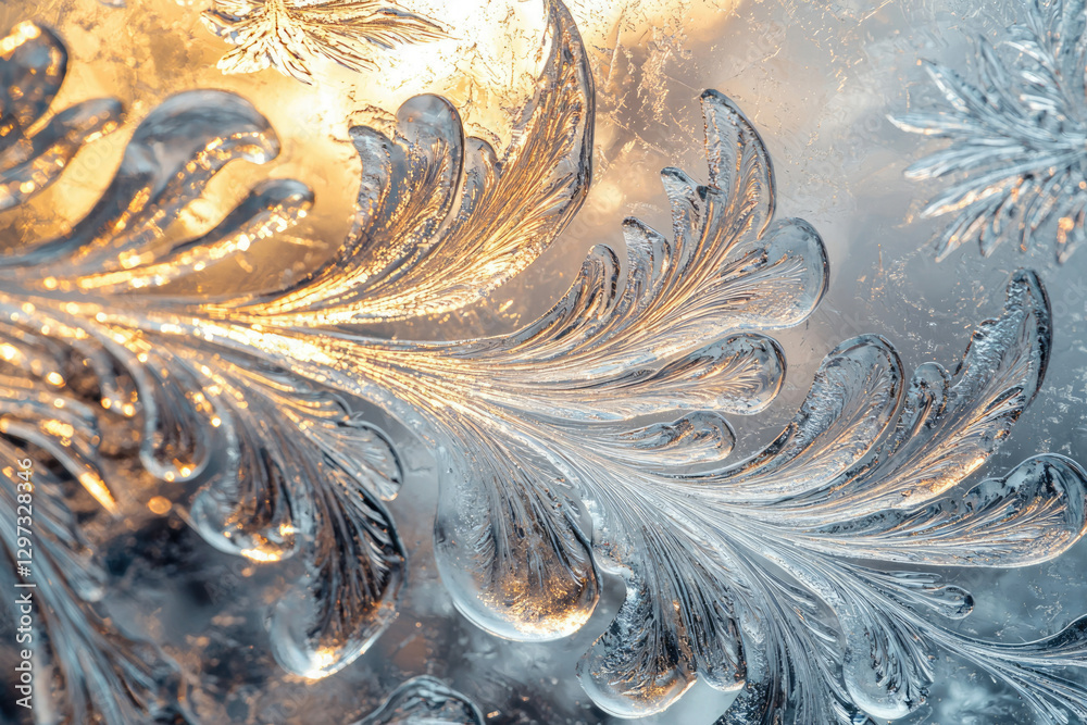 Poster Intricate ice crystals form beautiful, frost-like patterns on a cold window pane, illuminated by warm sunlight.