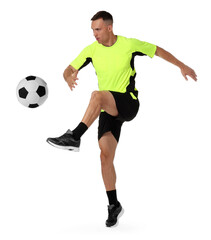 Football player in sportswear kicking soccer ball on white background