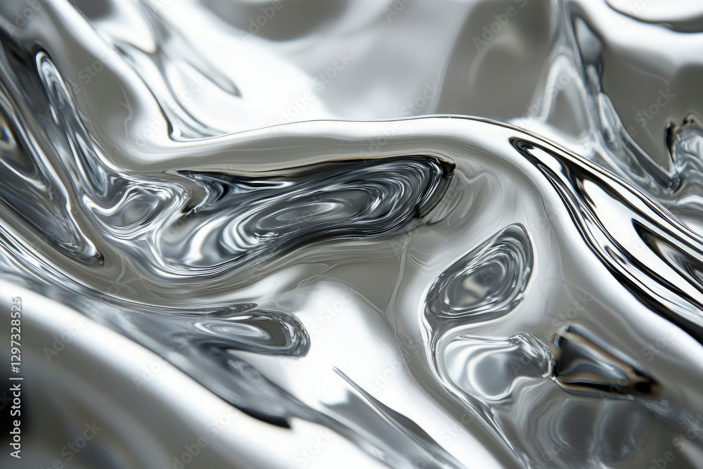 Poster abstract image of flowing liquid metal, creating swirling patterns and reflective surfaces.