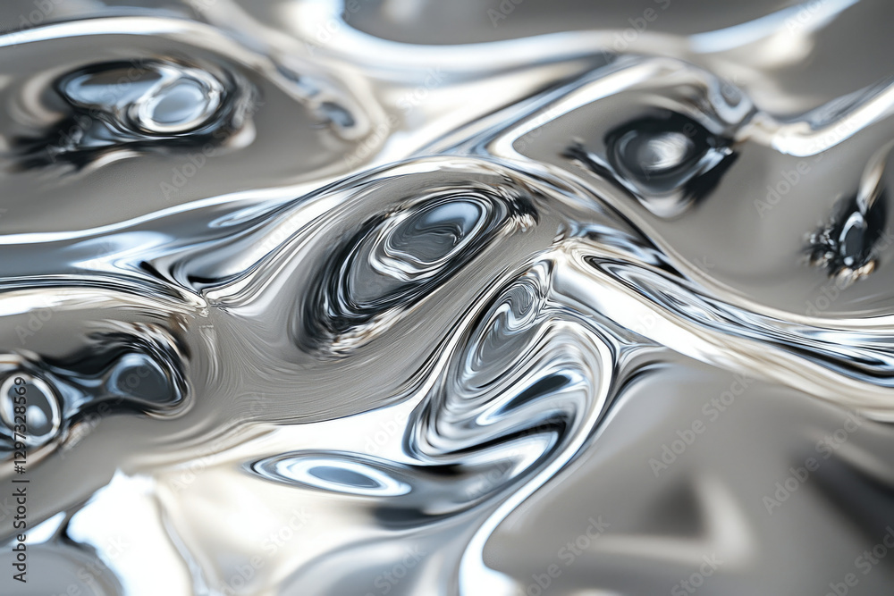 Poster abstract image of flowing, liquid metal with swirling, reflective patterns and shiny, metallic textu