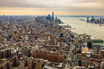 A landscape view of Lower Manhattan in New York City with One World Trade Center in the background.