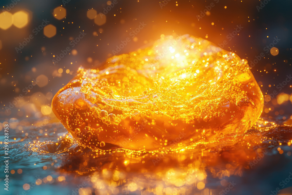 Poster Luminous amber liquid, swirling with bubbles, glows with inner light, creating a captivating visual.