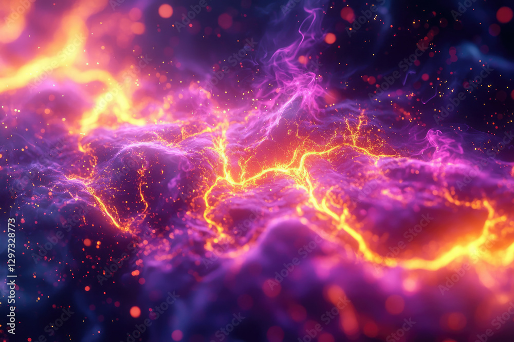 Poster Abstract art depicting vibrant purple and orange energy streams with glowing particles, creating a dynamic and ethereal visual.