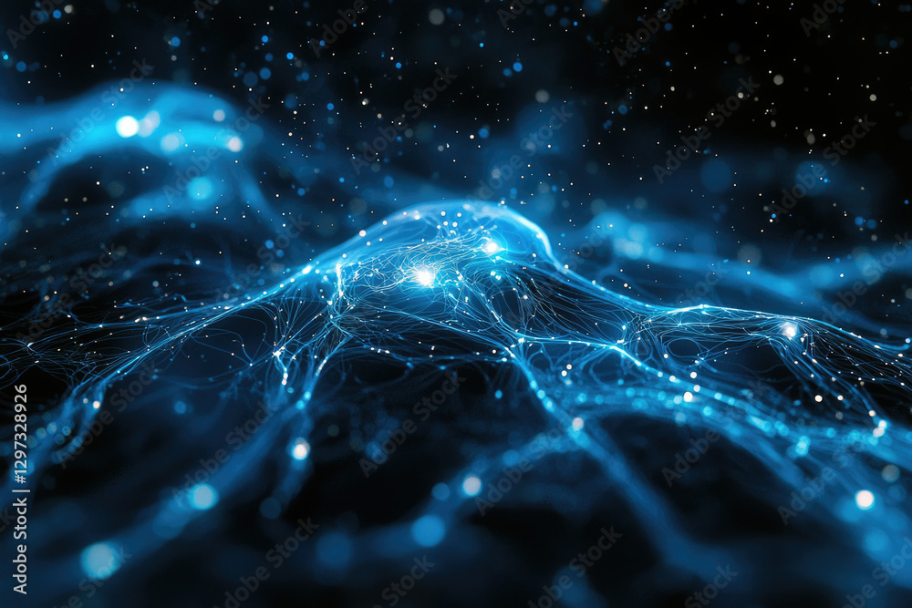 Poster Abstract blue glowing network, interconnected nodes and lines forming a wavy pattern, digital art.