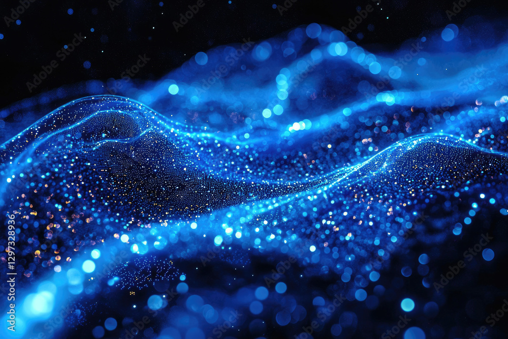 Poster Abstract blue wave of particles, glittering with bokeh effect, creating a dynamic and energetic visual.