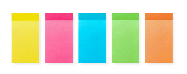set of colorful five  sticky notes isolated on transparent background
