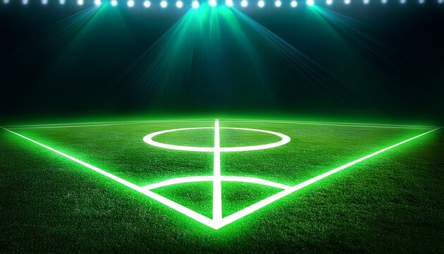 "Futuristic Soccer Field with Glowing Green Neon Lights – 3D Digital Illustration"