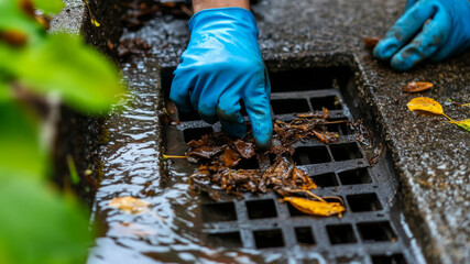 Obraz premium A person in blue gloves cleaning leaves from a storm drain to prevent blockages and flooding.