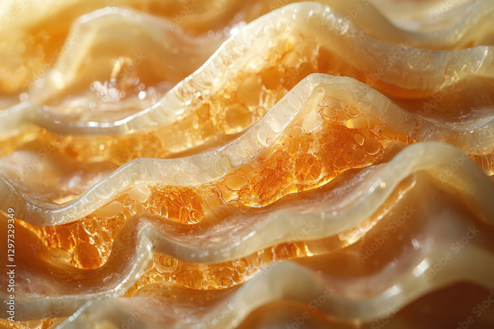 Poster close-up of translucent, wave-like structure with amber-colored, bubbled inclusions.