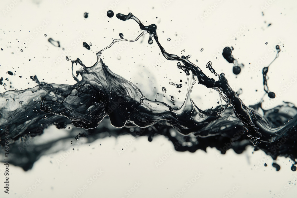 Poster abstract black liquid splash with dynamic movement and droplets against a white background.