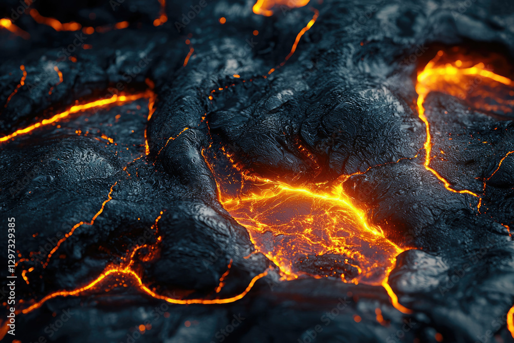 Poster Glowing lava flows through cracks in dark volcanic rock, creating a mesmerizing fiery texture.