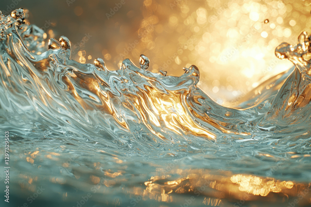 Poster Golden light illuminating a dynamic water splash, creating a mesmerizing, abstract scene.