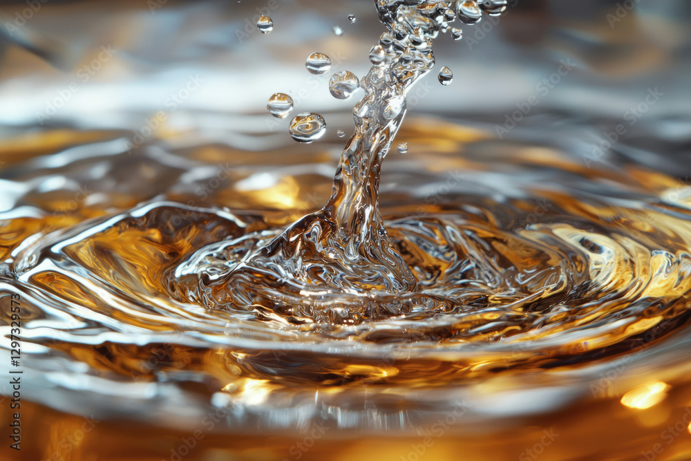 Poster a high-speed photo of water droplets impacting a liquid surface, creating ripples and dynamic shapes