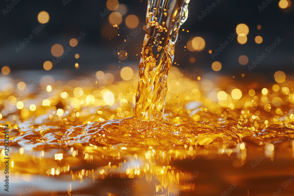 Poster Golden liquid pours into a pool, creating mesmerizing ripples and bokeh effects.