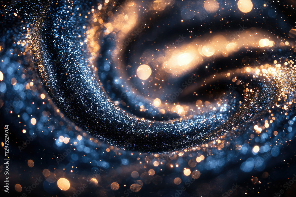 Poster swirling glitter in blue and gold, creating a mesmerizing cosmic effect with sparkling bokeh.