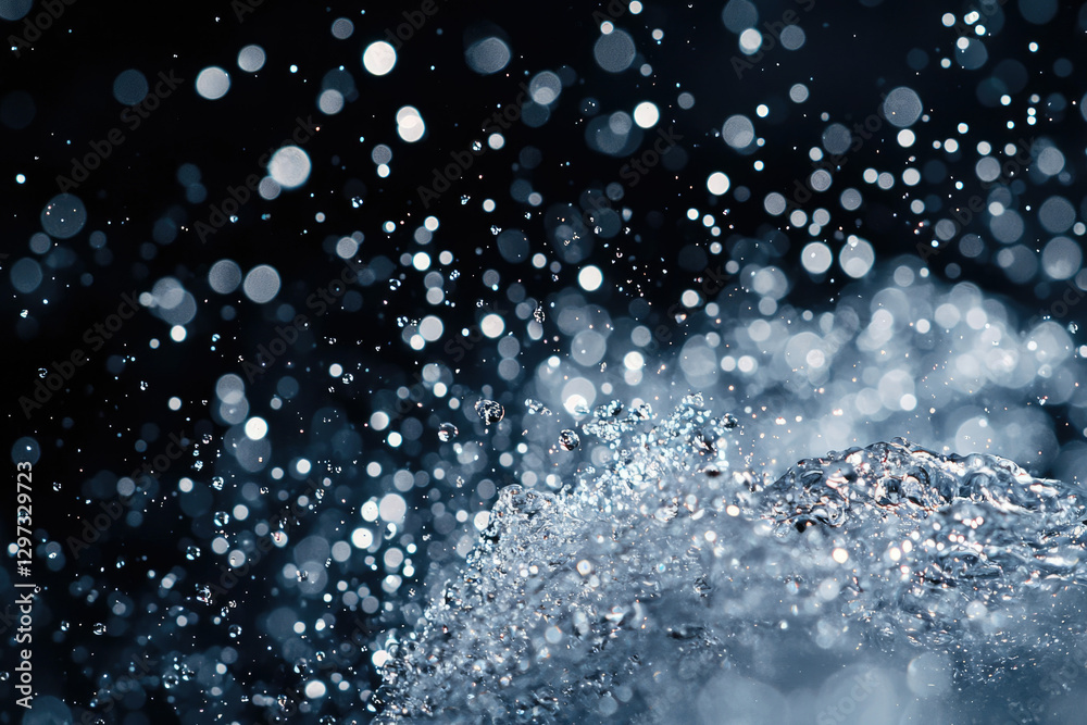Poster Water droplets splashing, creating a mesmerizing bokeh effect against a dark background.