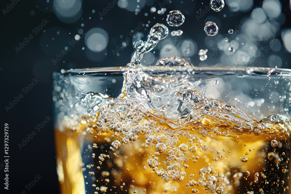 Poster Golden liquid with bubbles splashing into a glass, creating a refreshing image.