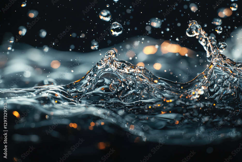 Poster Dynamic water splash with bokeh effect, showcasing texture and movement.
