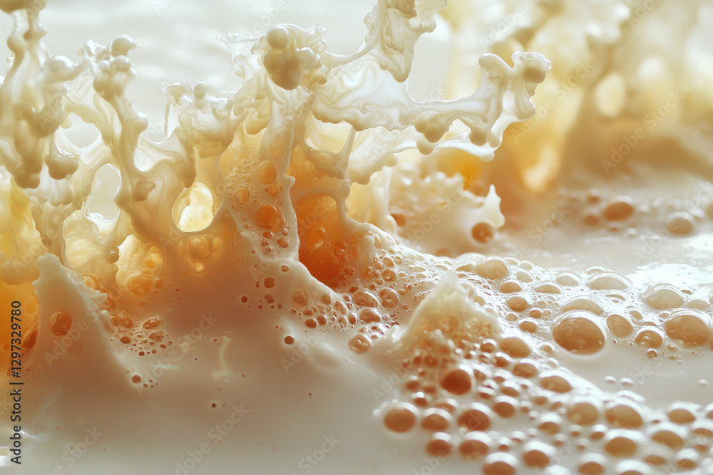 Aufkleber Close-up of creamy liquid with bubbles and intricate patterns, creating a visually stunning texture.
