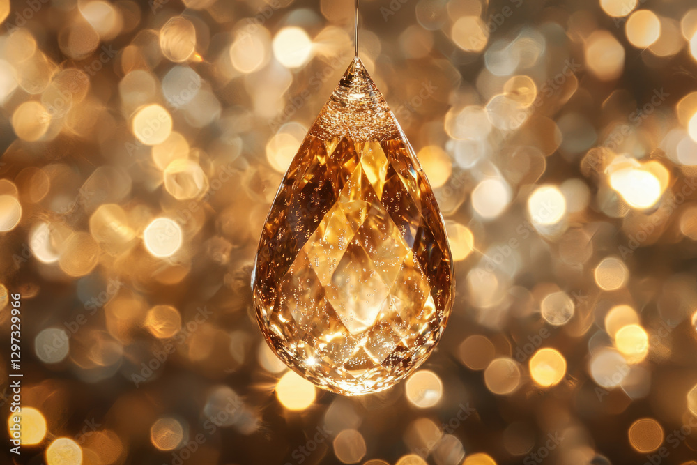 Poster a golden teardrop-shaped crystal hangs against a shimmering, bokeh background of warm gold lights.