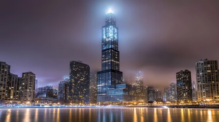 Obraz premium Illuminated skyscraper in foggy city nightscape.
