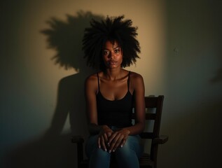 woman sitting with a broken shadow on the wall in dim light, depicting a split personality
