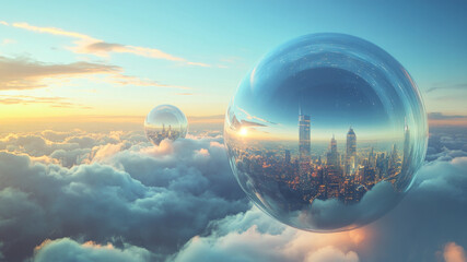 A futuristic city inside a reflective orb, floating above the clouds at sunset, creating a surreal and breathtaking scene.