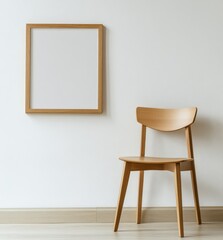 Empty frame, wooden chair, white wall, modern interior